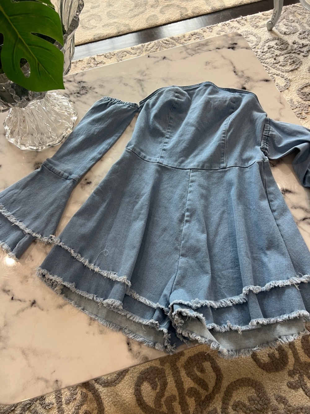 SHEIN Light Blue Off-Shoulder Long Sleeve Denim Romper Dress
